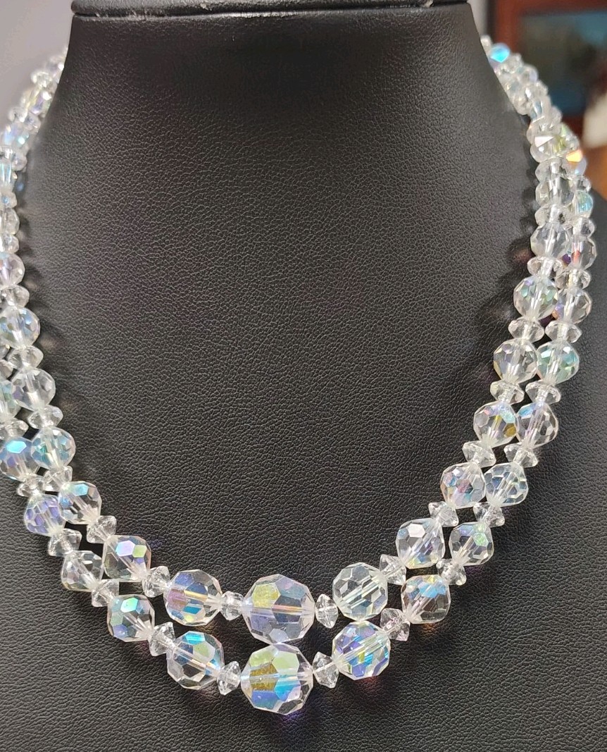 Beautiful Vintage Aurora Borealis Double Strand Necklace With Hook Closure 14 In