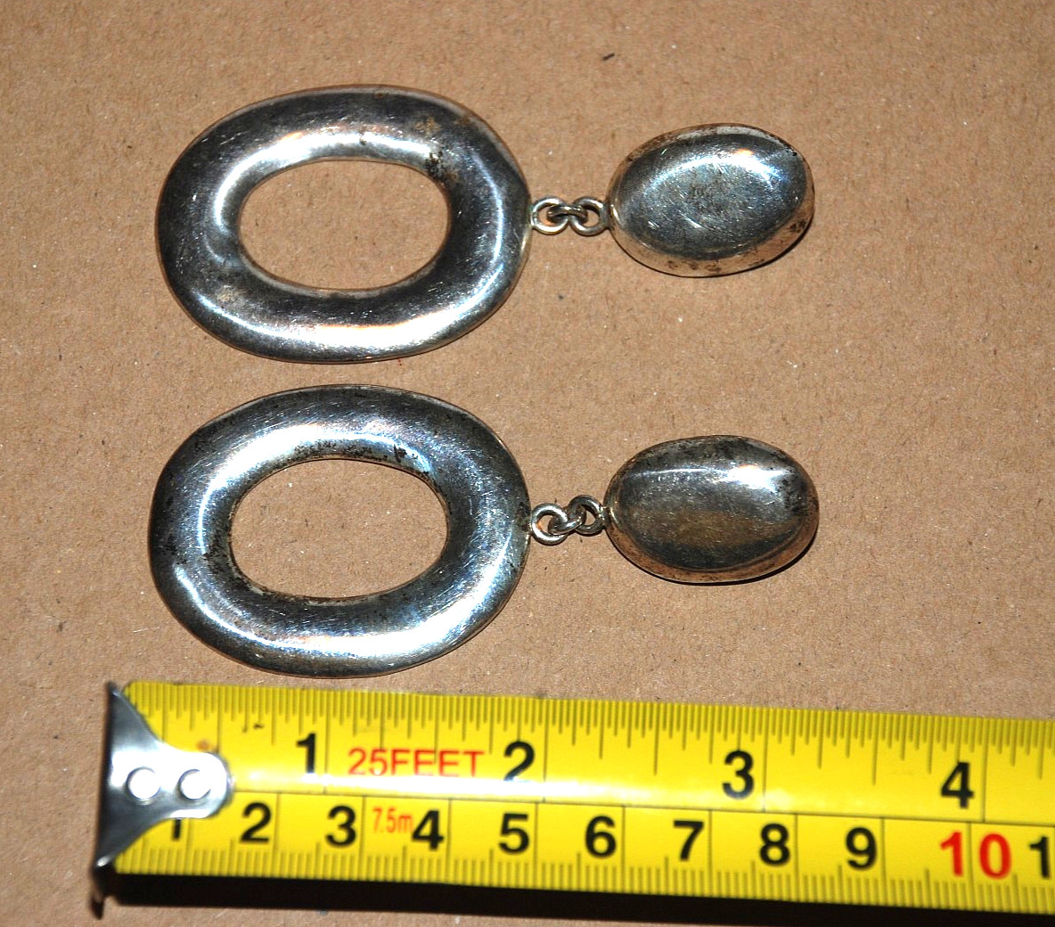 .925 Sterling Silver Modernist Oval Drop Dangle Earrings CT09 Mexico 1950s 3.25″