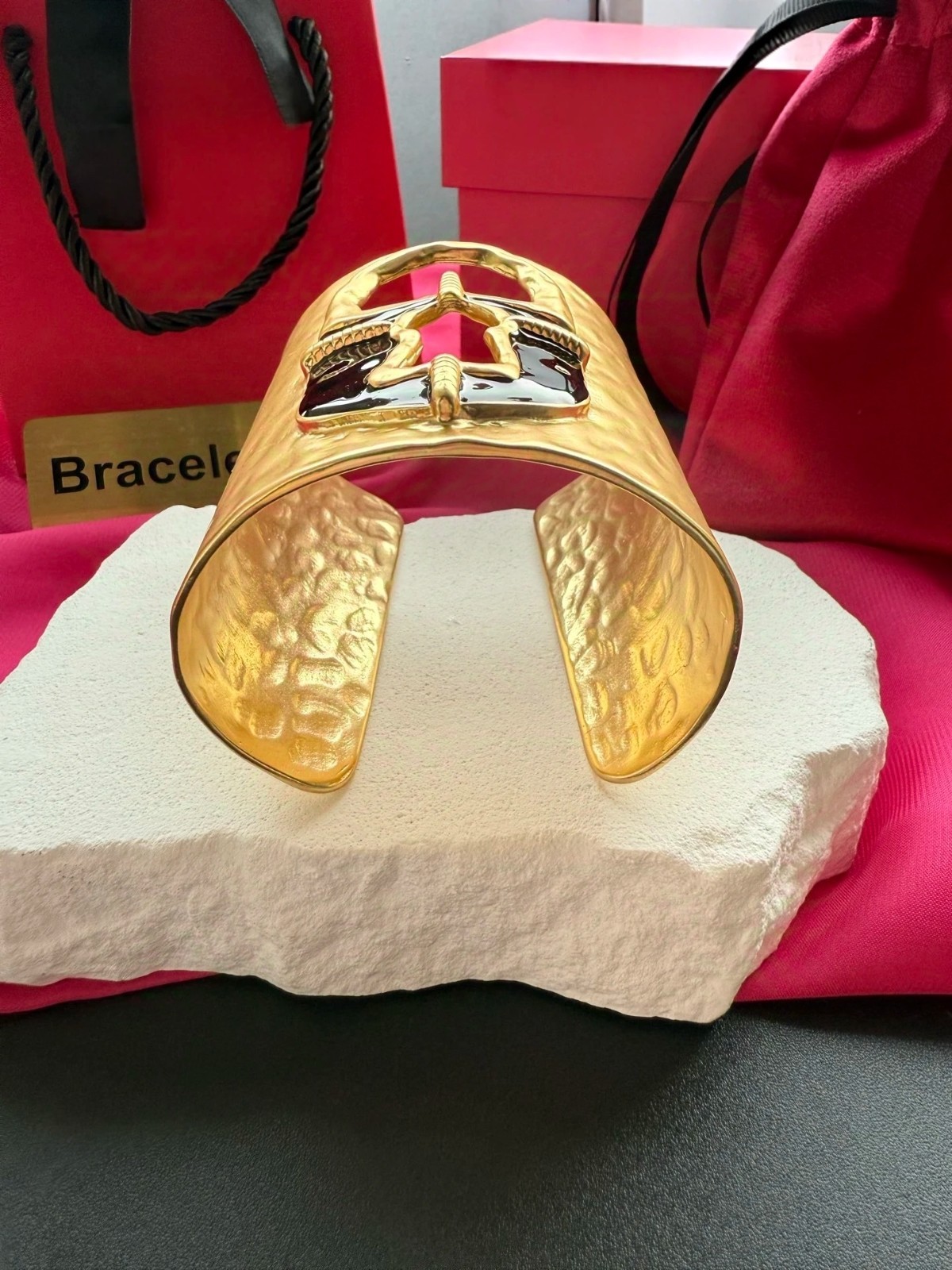 Schiaparelli Black and Gold Keyhole Cuff Bracelet. With Box and Pouch.