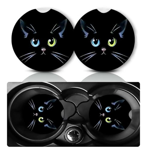 2 Pack Car Cup Holder Coasters 2.75″ Universal Size Anti Slip Rubber Black Cat