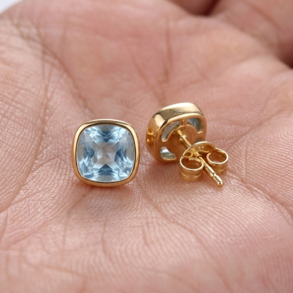 Solitaire Cushion Cut Aquamarine Daily Wear Stud Earrings Solid 14k Yellow Gold