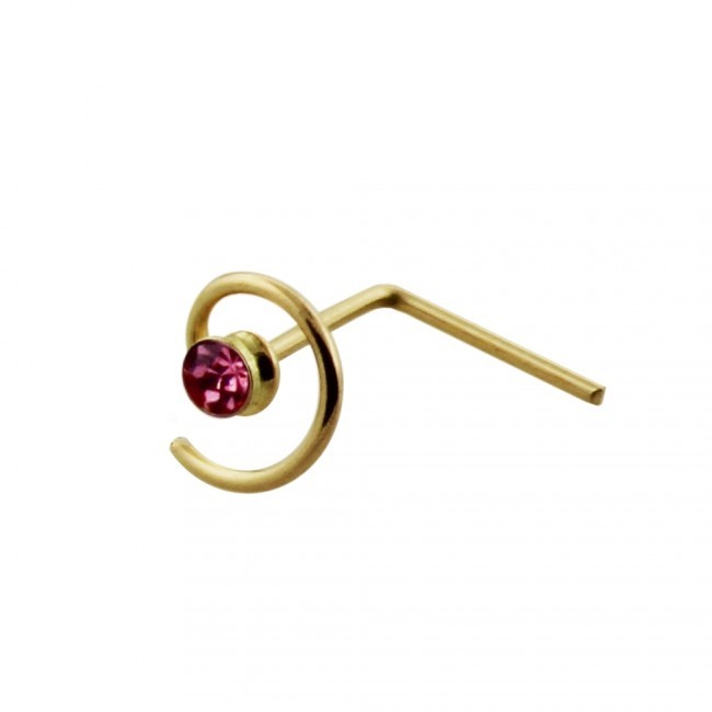 1x 22g 9K Solid Yellow Gold Spiral Coil CZ Gem L Shape Nose Ring Pin Bar 9KNS022