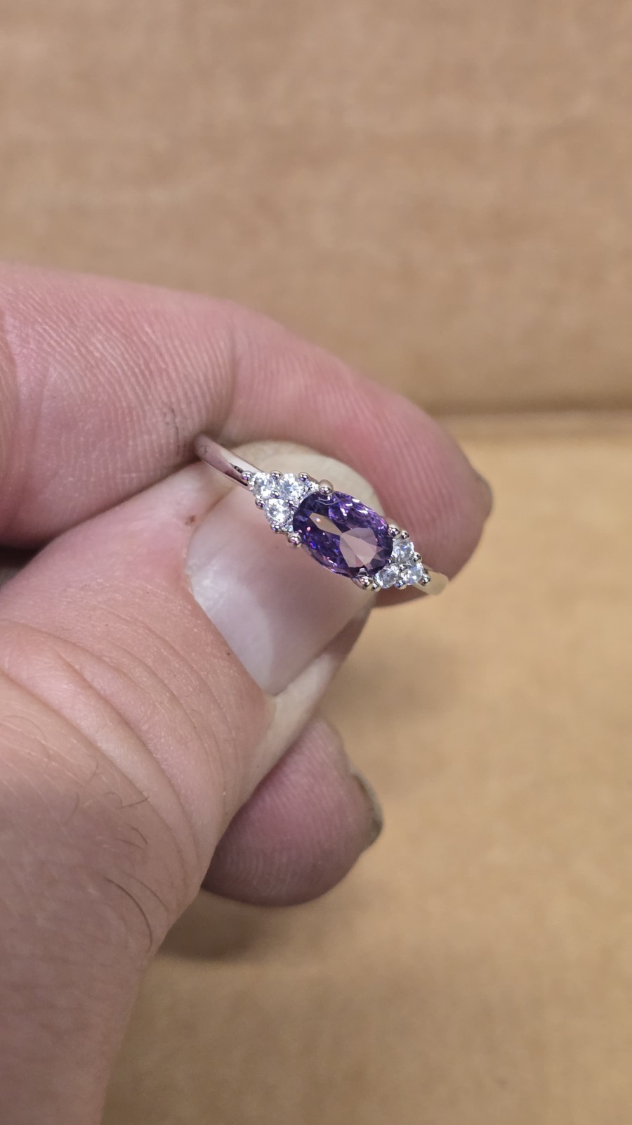 Silver Color Oval Amethyst Ring Purple Stone Wedding Promise Bridal Size 7