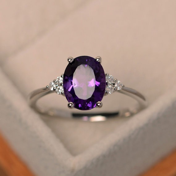 2.15 Ct Oval Cut Natural Amethyst Diamond Engagement Ring 14K White Gold Size 7