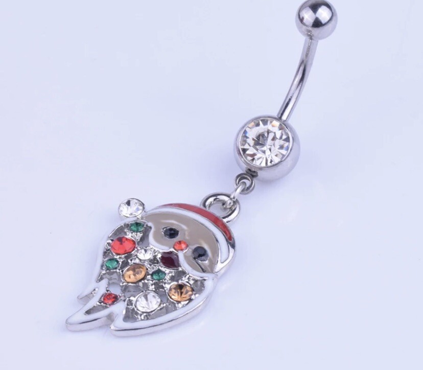 Christmas SantaClause Gemmed Dangle Belly Ring Steel Body Jewelry W/ Gift Box 💝