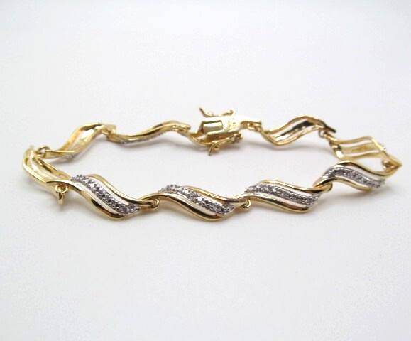 925 Sterling Silver Yellow Gold Wash Diamond Curved Tennis Bracelet 7.25 In
