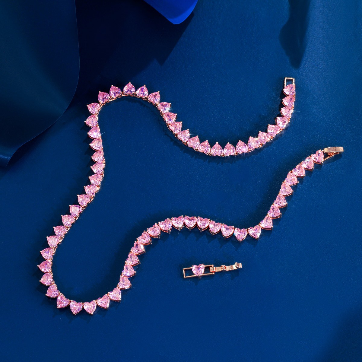 Romantic 585 Rose Gold Pink CZ Love Heart Tennis Choker Necklace for Women Party