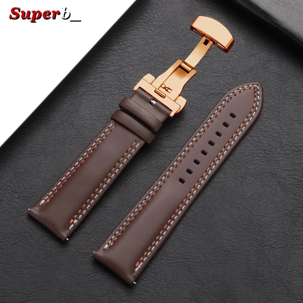 Genuine Calfskin Leather Watch Band 20mm 22mm 24mm Butterfly Buckle Strap