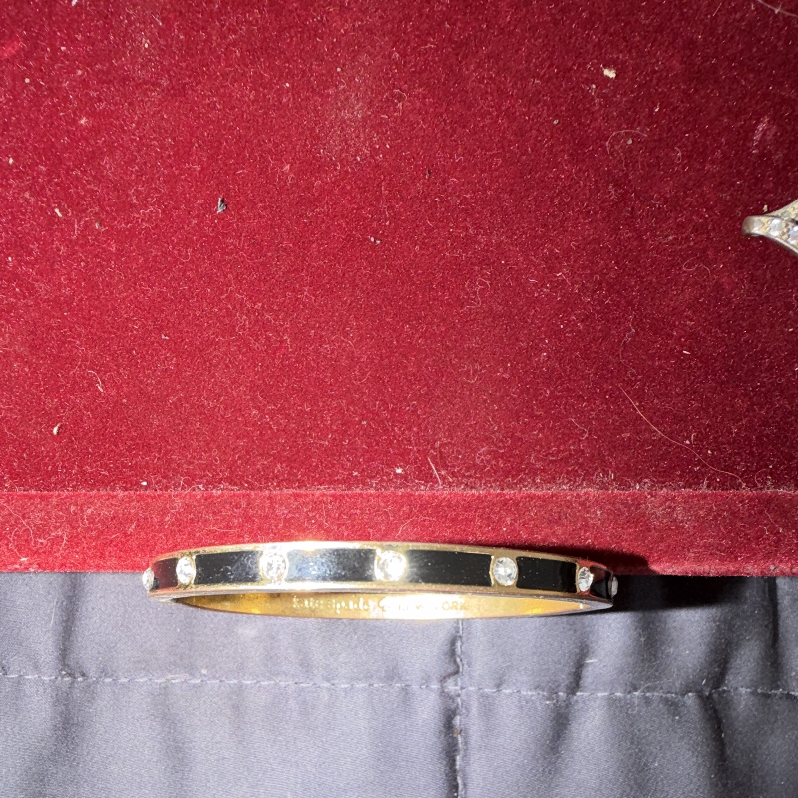 Kate Spade New York Signed Gold Tone Black Enamel Crystal Hinged Bangle