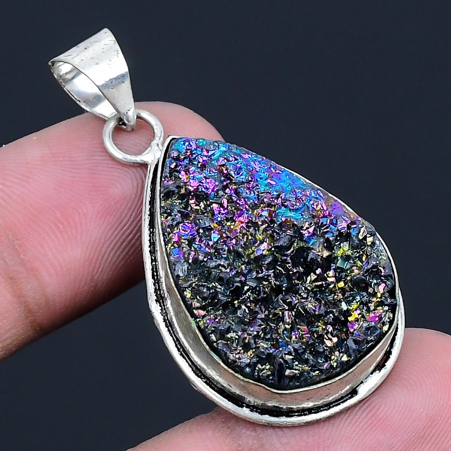 Titanium Druzy Gemstone Handmade 925 Sterling Silver Jewelry Pendant 1.77″