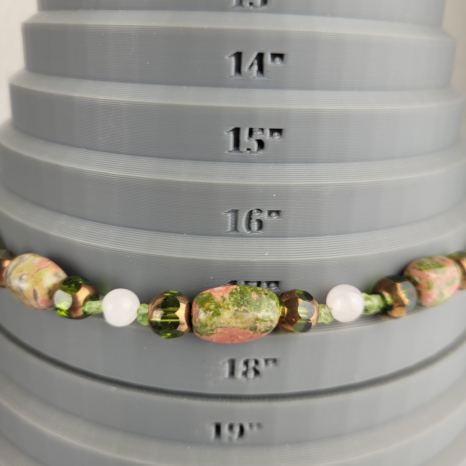 Green and Adobe Pink Color Stone Glass Bead Necklace 17″ Artisan Made