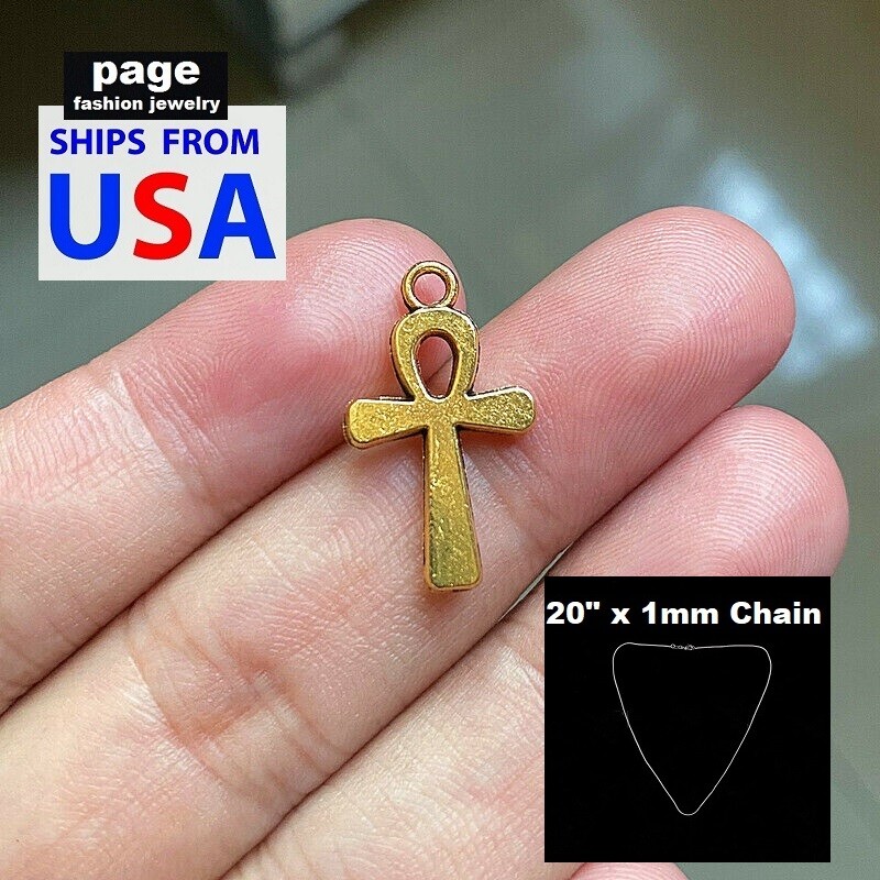 US Seller Antique Gold Tone 3/4″ Ankh Cross On 20″ Silver Plated 1mm Snake Chain