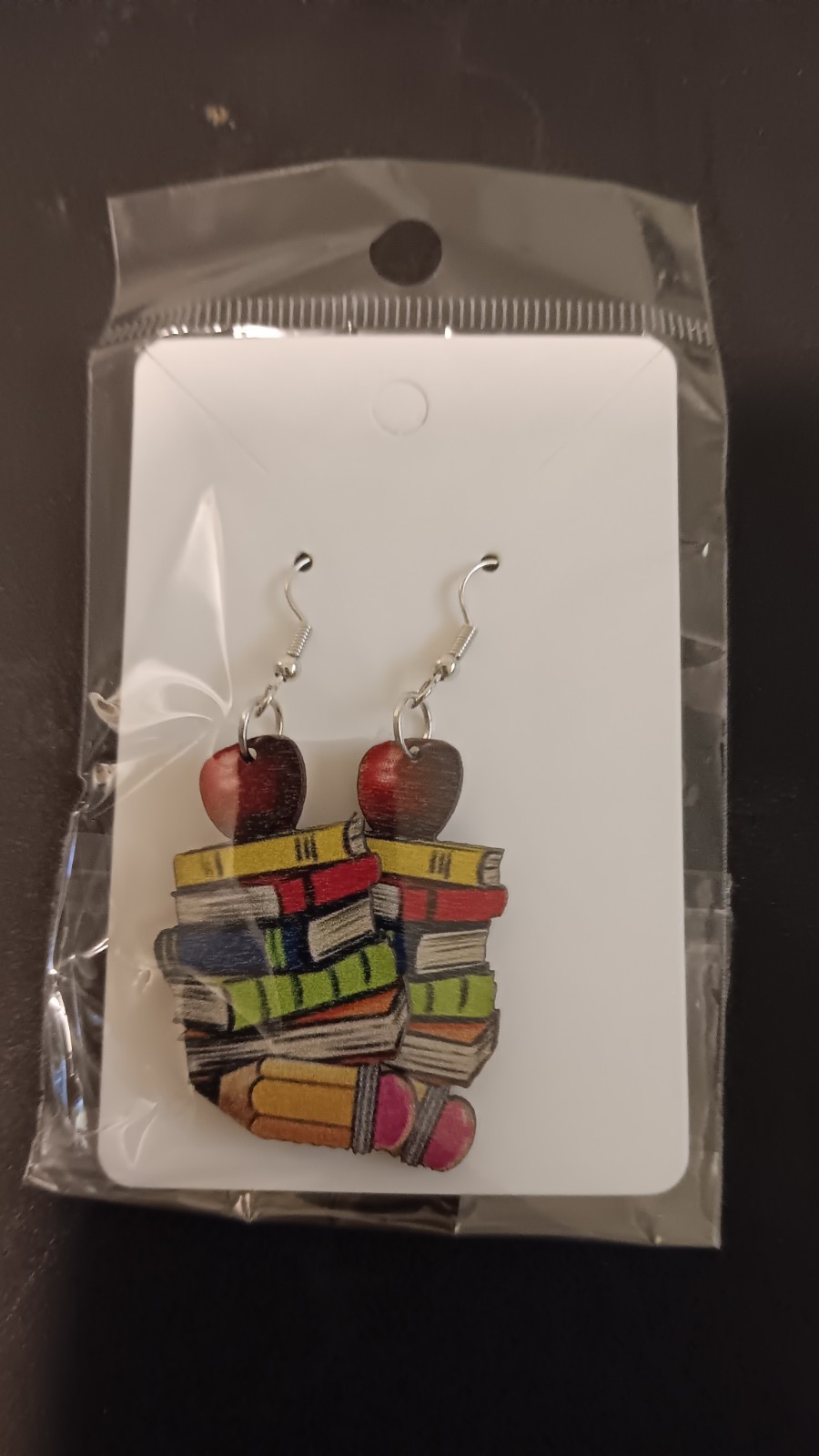 Book Stack Apple Pencil Charm Hook Dangle Earrings Multicolor Wood No Stone