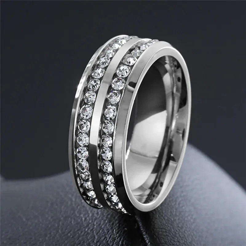 8mm Stainless Steel Wedding Silver/Gold Band Men Women Couple CZ Ring Size 5-13