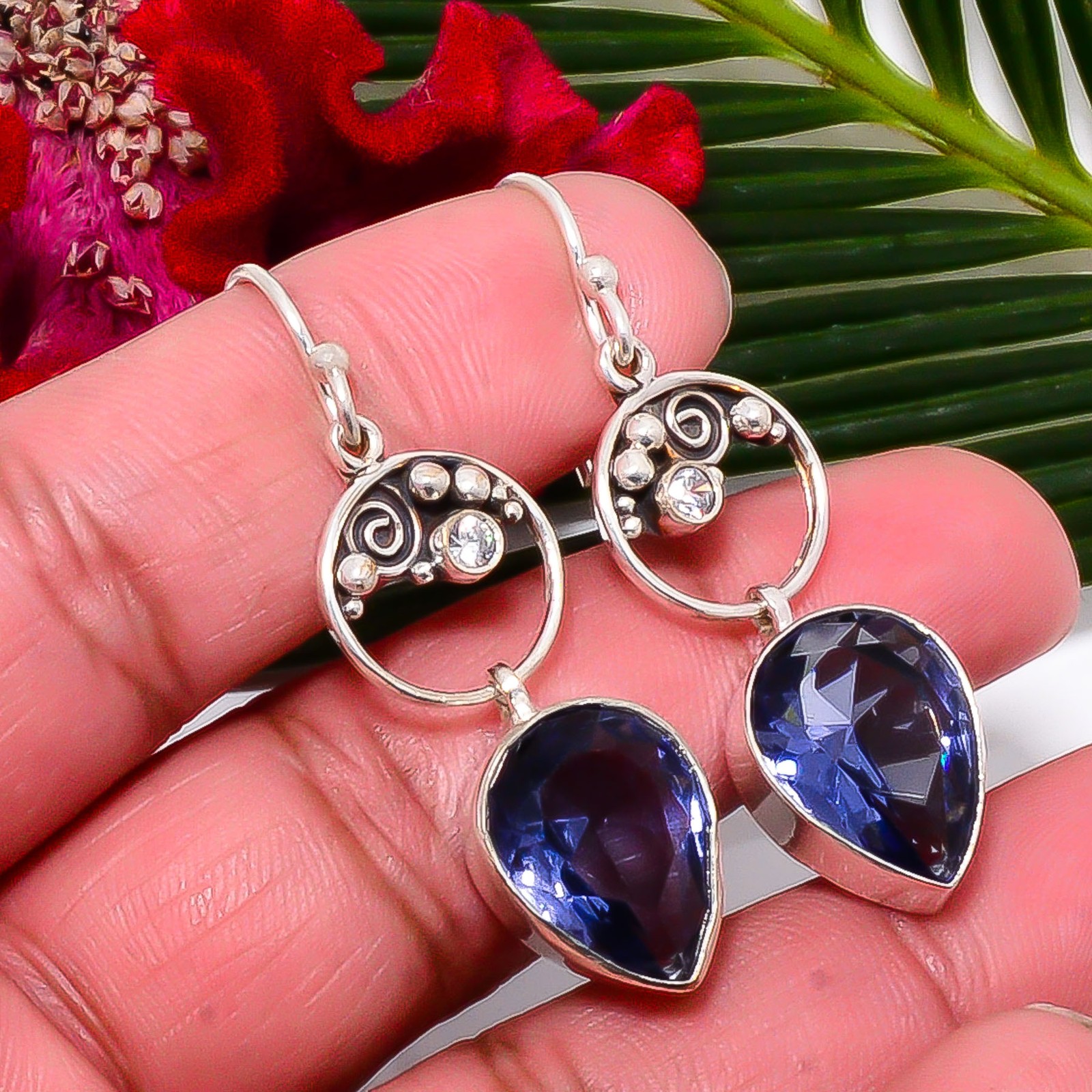 Iolite & White Topaz Designer Handmade 925 Sterling Silver Earring 2.03″ Sku11
