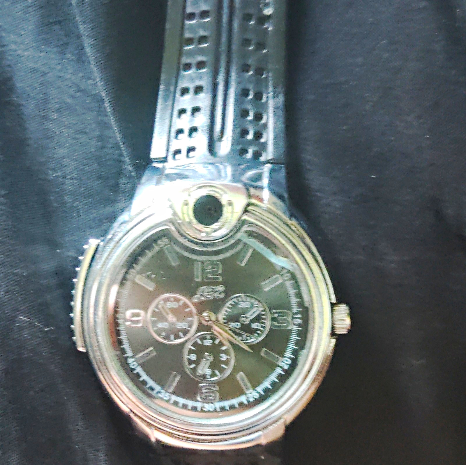 Analog Casual Watch, Black Dial Arabic/Stick Indices, Silver Case, Rubber Strap