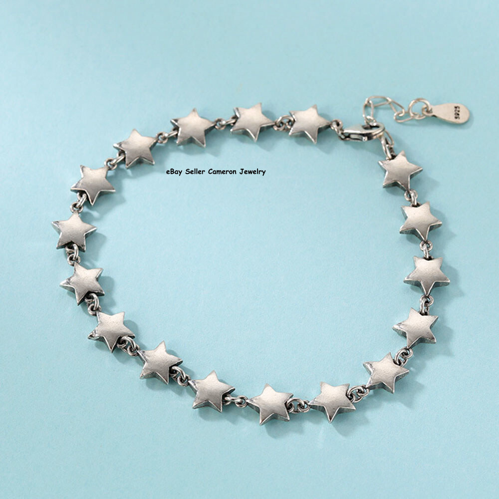 Pure S925 Sterling Silver Chain 7mm Five Star Link Bracelet 10-11g 6.7-7.5inch