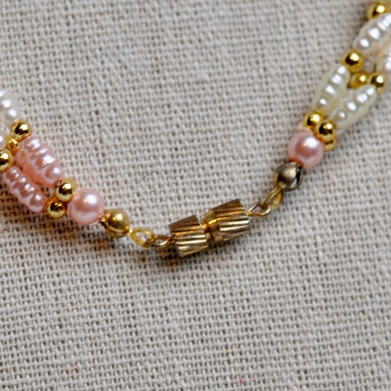 Necklace Color White Gold Pink Beaded 12” Long with Gold Tone Clasp