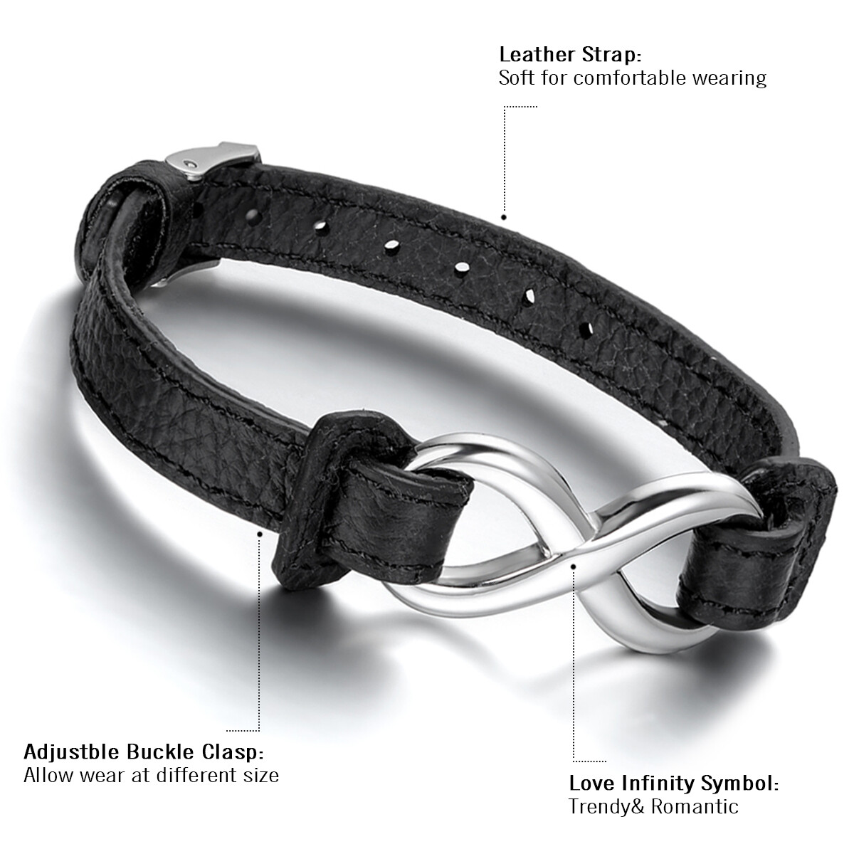 Mens Womens Leather Stainless Steel Bracelet Love Infinity Charm Bangle Black