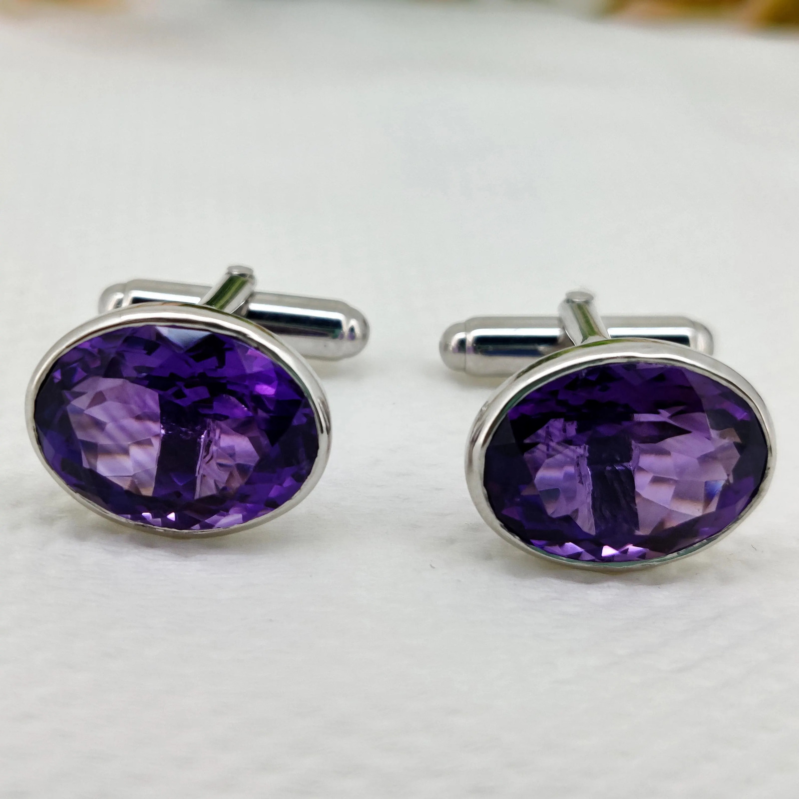 Natural Amethyst Silver Cuff Links for Men 12×16 mm Oval Gemstone Cuffs for him