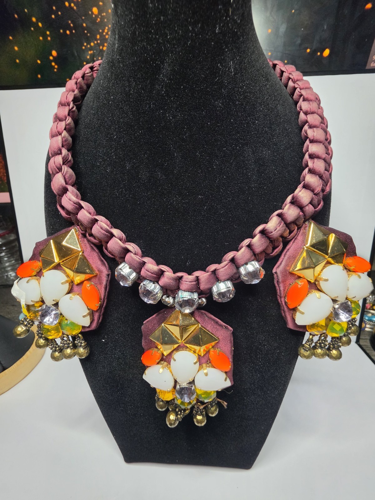J.CREW Burgundy Satin Rope Statement Necklace Orange White Crystal Bib Signed