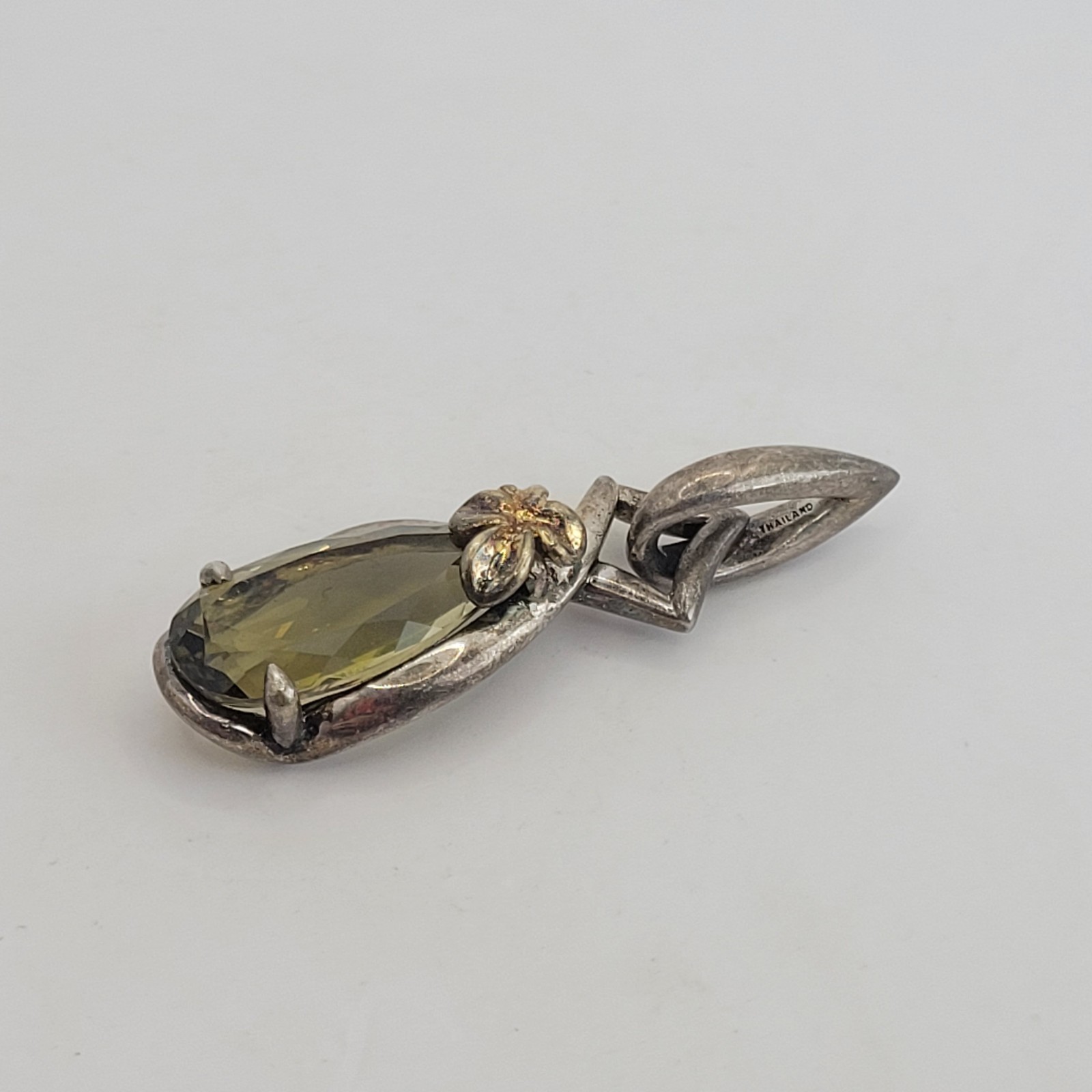 Ann King Vintage Sterling Silver 18K Gold Floral Green Quartz Teardrop Pendant
