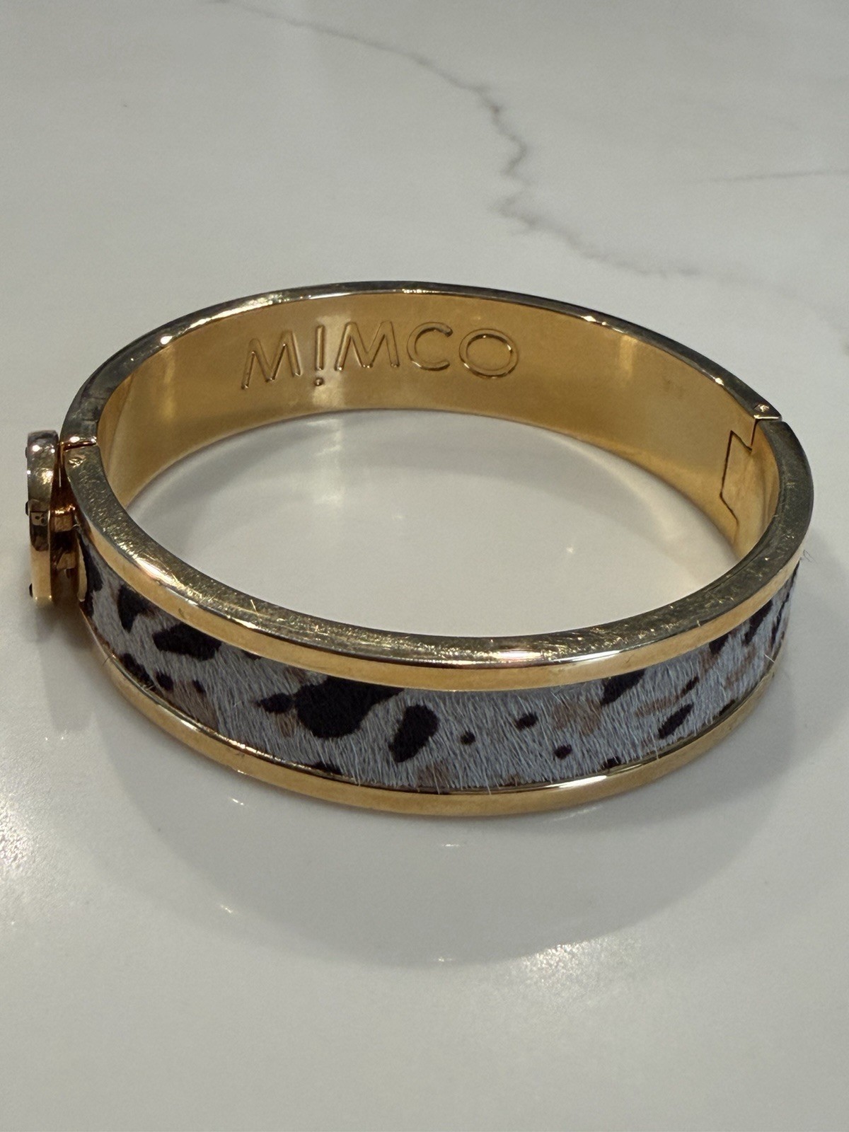 Mimco Gold Tone Hinged Bangle Cuff Bracelet Animal Print Inlay Signed Charm