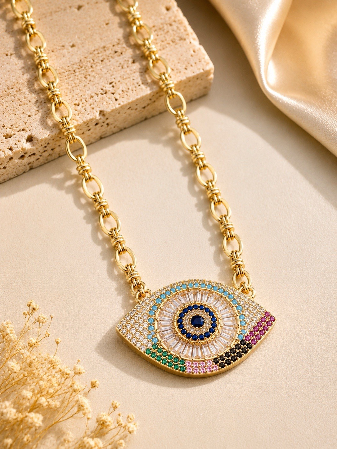 Gold Tone Multicolor Evil Eye Crystal Pendant Necklace Adjustable Chain Gift