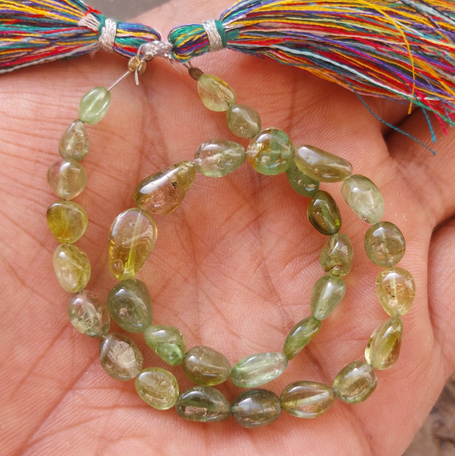 56 Carat 5×6 to 6.5×7 MM Natural Green Bi Color Tourmaline Tumble 10 Inch Beads