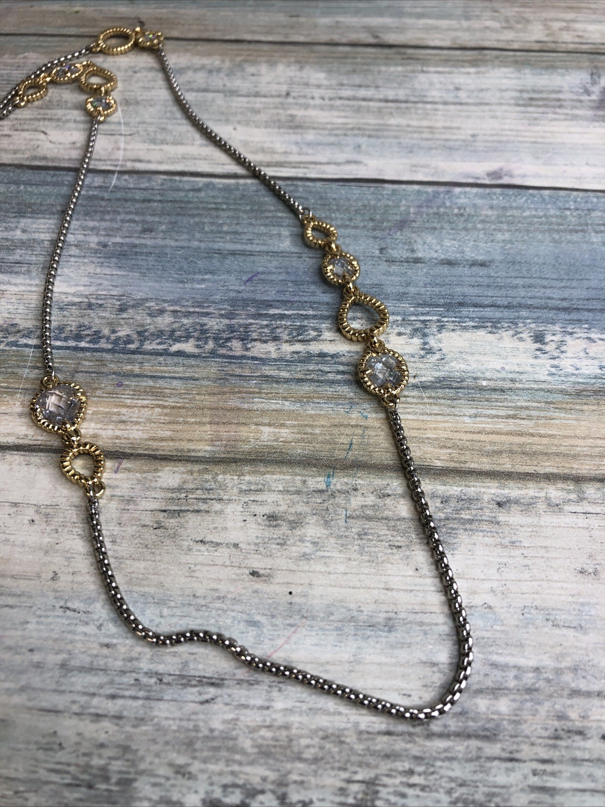 Silver Gold Tone 36″ Chain Necklace Clear Crystals NWOT