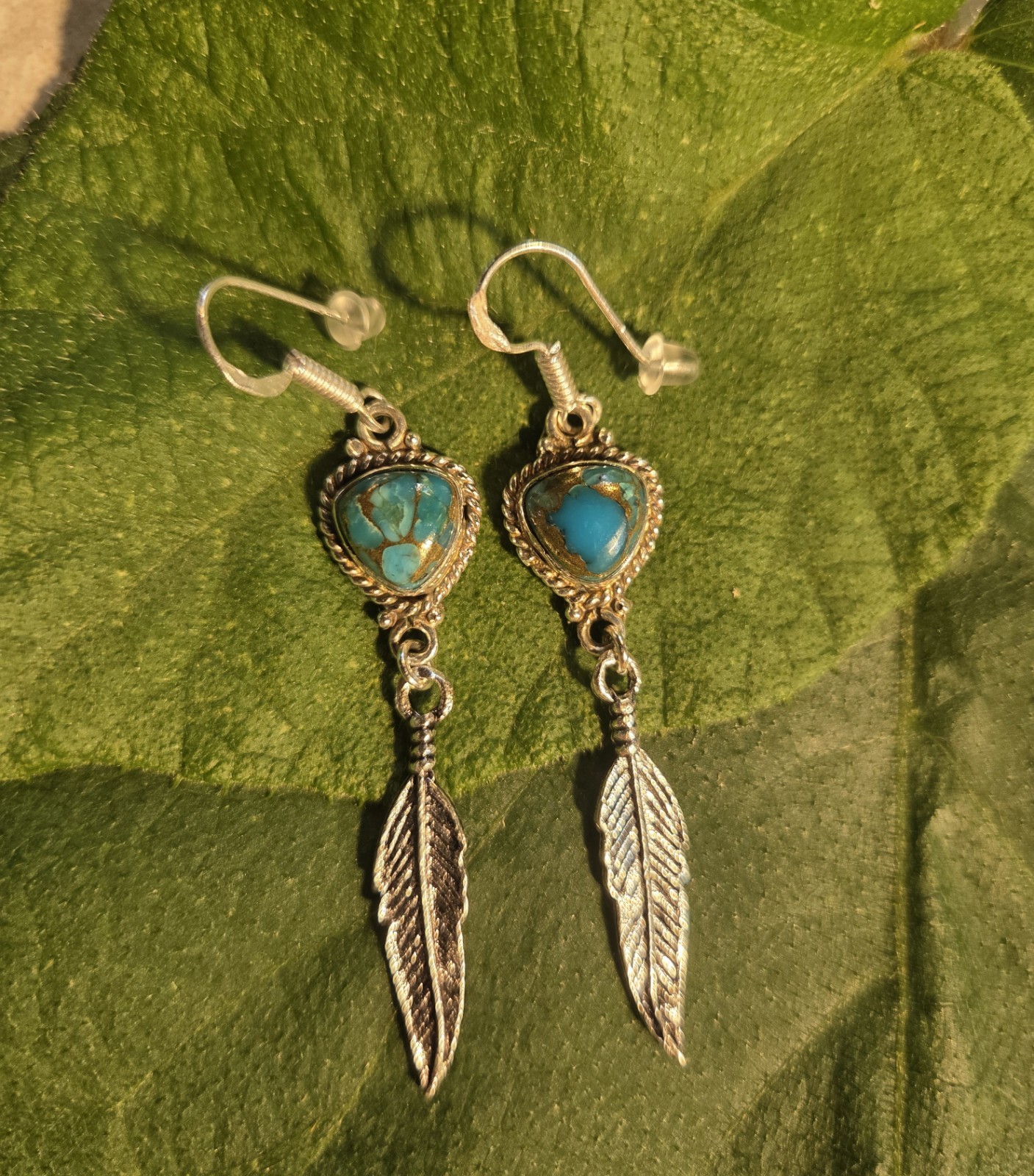 Genuine Turquoise W/ Feather Sterling Silver Dangle Earrings E19