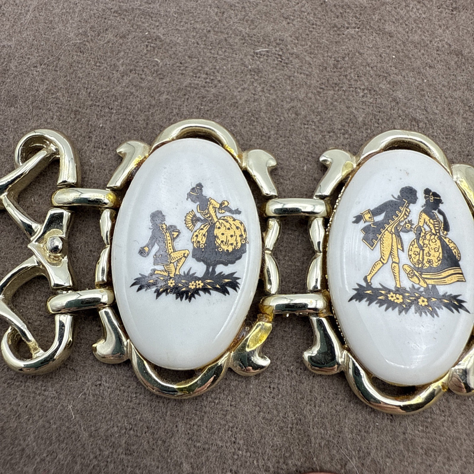 Vintage Countess Porcelain Courting Couple Bracelet Black Gold on White