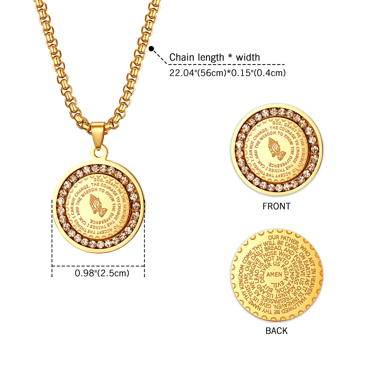 Men’s Stainless Steel Rhinestone Bible Text Prayer Tag Pendant Necklace Chain