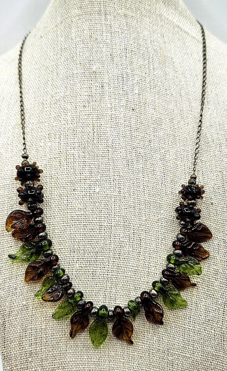 Brown Green Leaf Necklace Vtg Silver Toned Beads Spacer Fashion Black Chain 18″