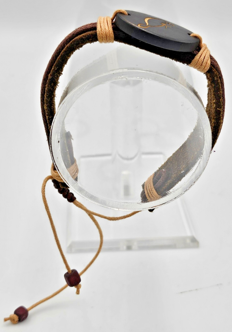 Adjustable Leather Cord Bracelet Engraved Manatee Wood Medallion Boho