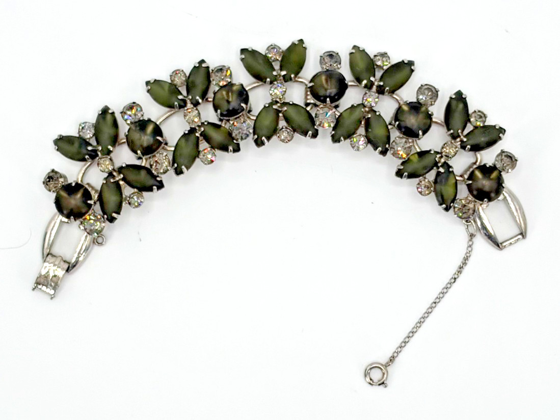 JULIANA Frosted Olive Green Navettes Set Bracelet Brooch Earring Ref# 1372, 6420