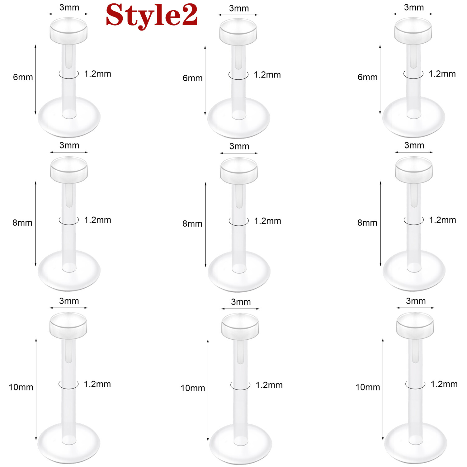 9Pcs Clear Acrylic Retainer Lip Rings Nose Stud Ear Helix Tragus Labret Piercing