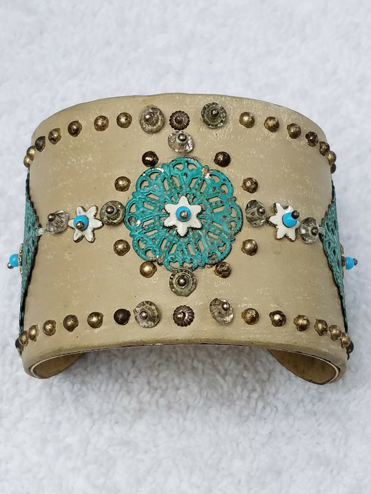 Embellished Leather Cuff Crystal Metal Enamel Embellishments BRA019