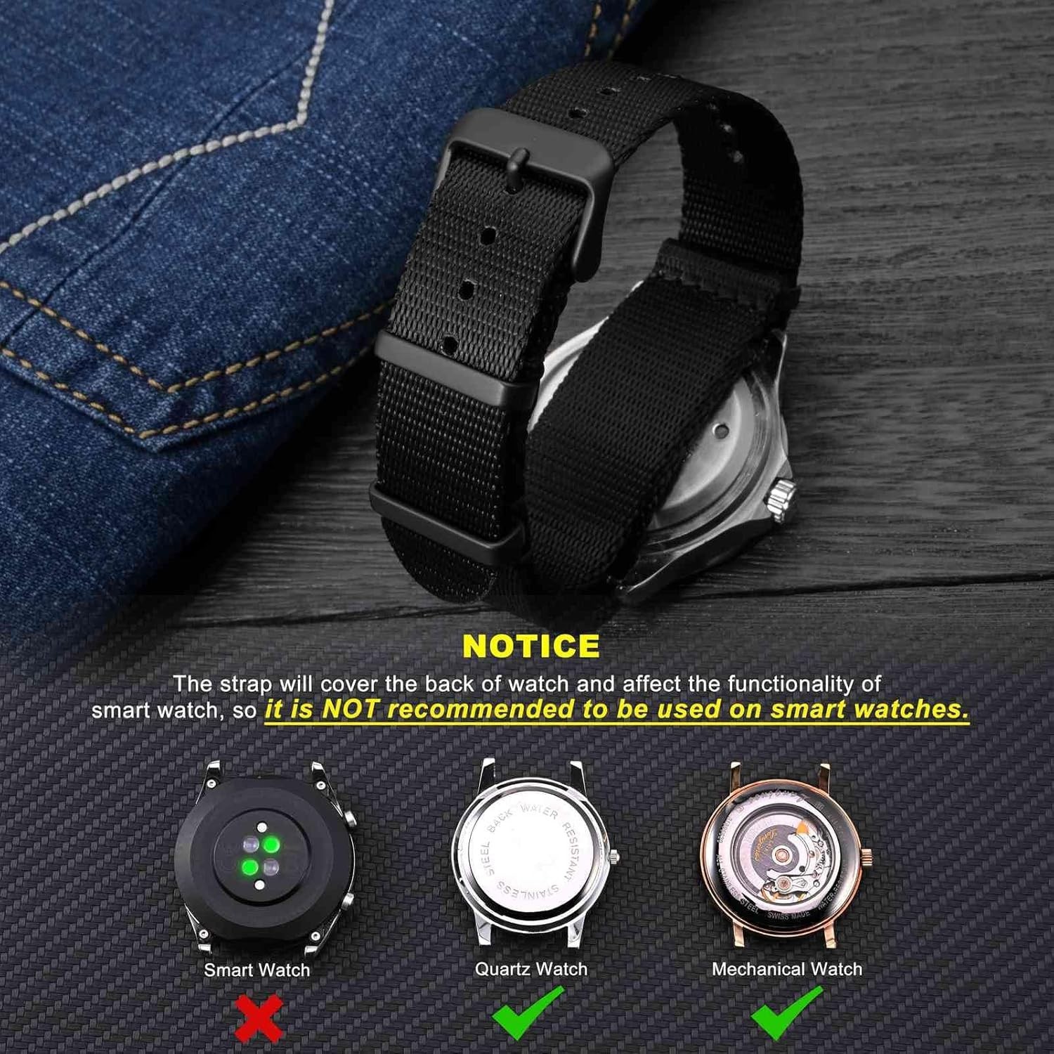 22mm Military Nylon Watch Band – Stylish Black Strap with Stainless Steel Buckle