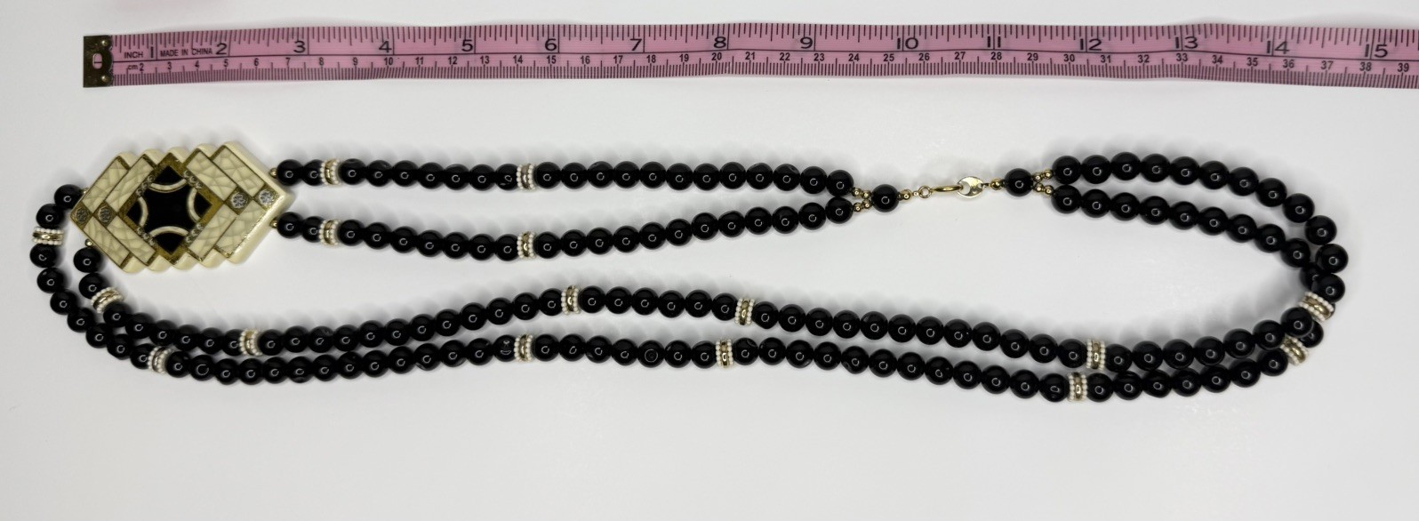 Vintage Japan Black Bead Double Strand Necklace Chunky Geometric Art Deco Style
