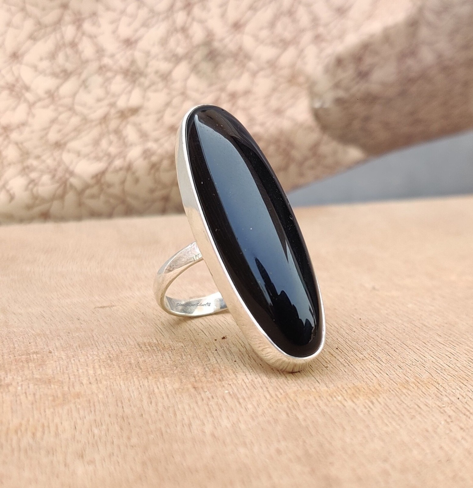 Natural Black Onyx Ring – Vintage Jewelry Long Stone – Crafted 925 Silver