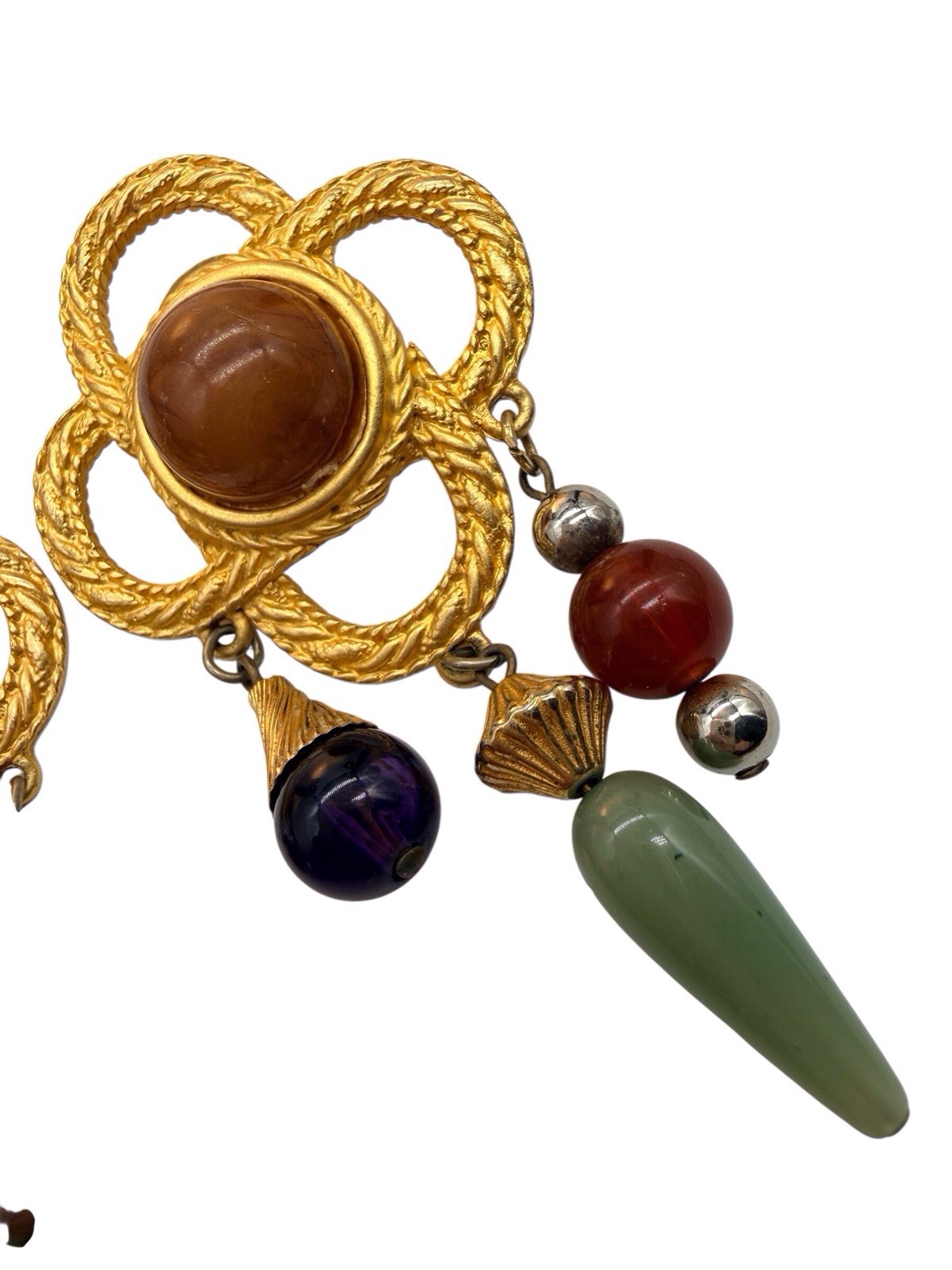 JJ Jonette Signed Earrings VTG 80s Large Etruscan Rev Faux Stone Dangles Gold 9