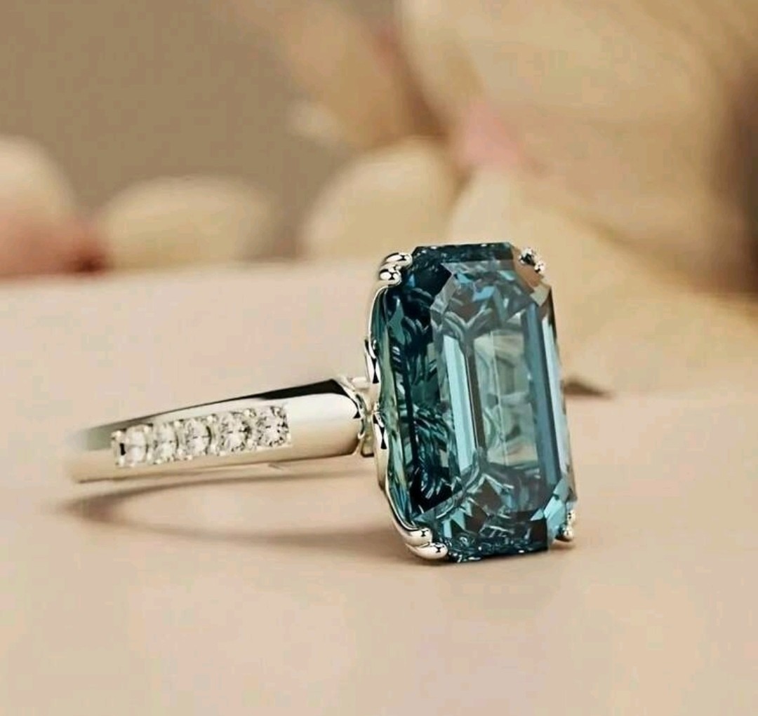 Silver-Plated Zinc Ring Rectangular-Shaped Blue CZ White/Colorless Inlay Size 8