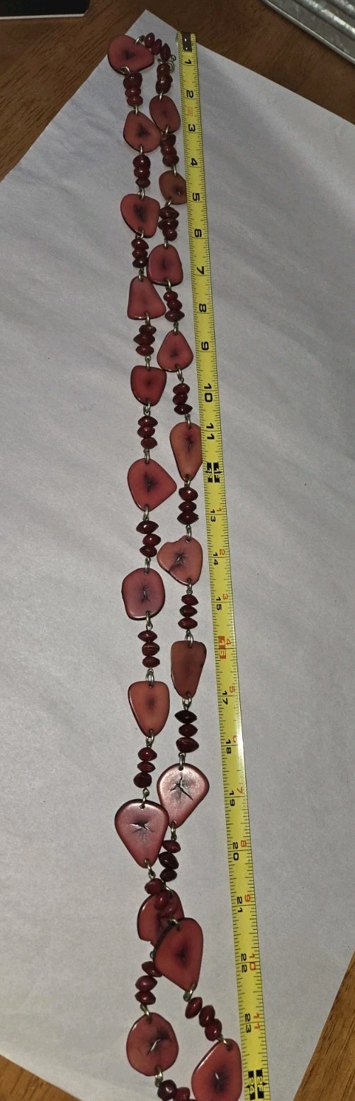 handcrafted artisan multi-strand necklace vibrant red Slices Tagua Nuts,seeds