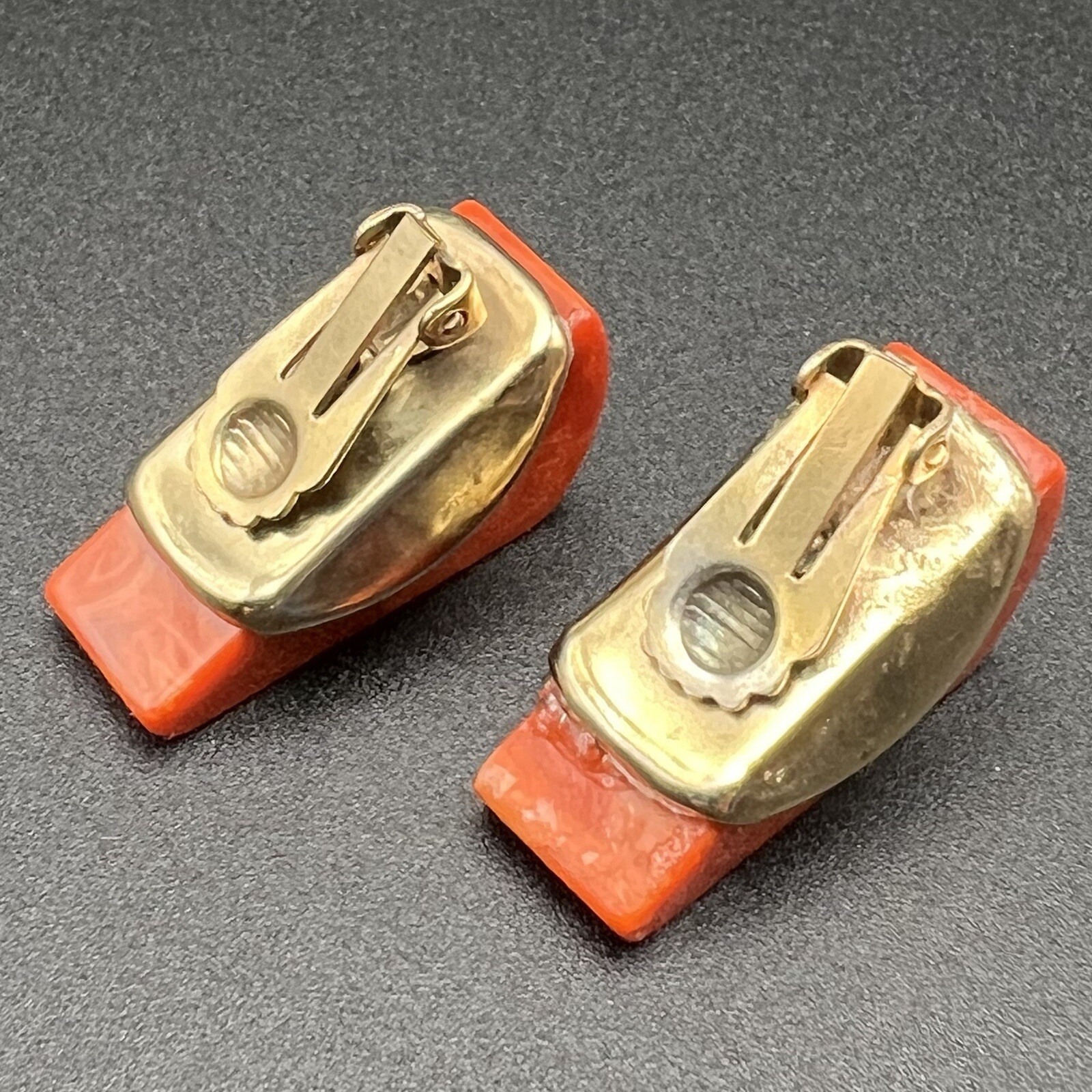 Vintage MCM Mod Blood Orange Bakelite Wedge Clip-on Earring Set Dress Shoe Clips