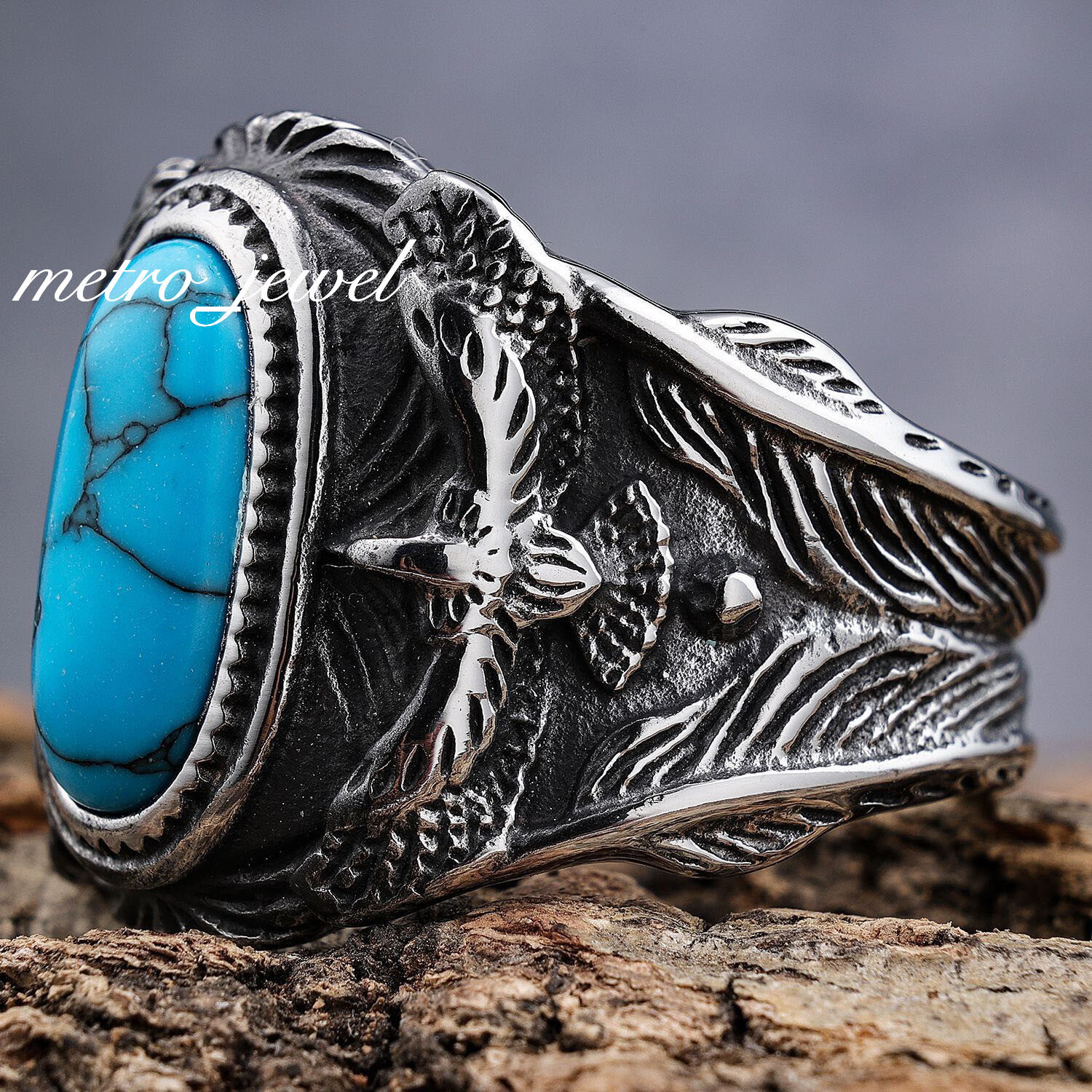 JXC Men’s Large Native Indian Turquoise Stone Eagle Biker Ring For Men Size 7-15