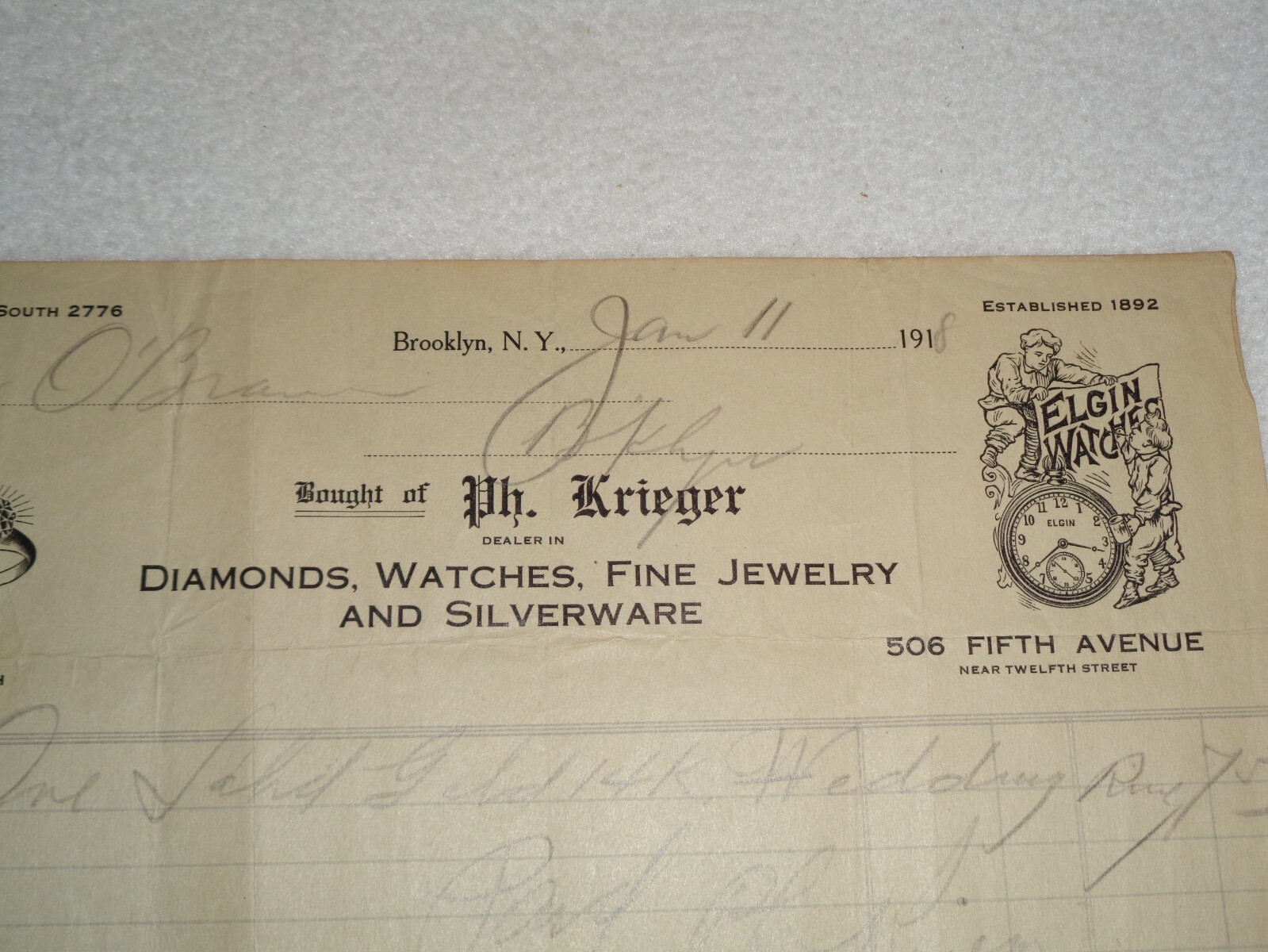 1918 Solid Gold 14K Wedding Ring Krieger Brooklyn, New York Rare Antique Receipt