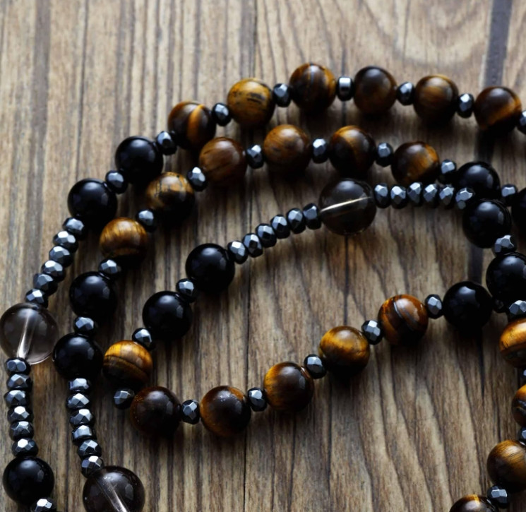 Black Tiger Eye Hematite Cross Necklace Hand Knotted Beads Lucky Pendant