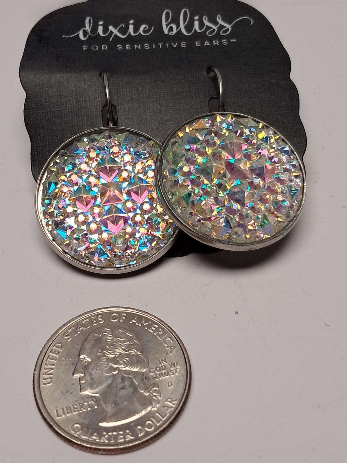 Dixie Bliss AB Druzy Crystal Statement Earrings Silver Tone Leverback