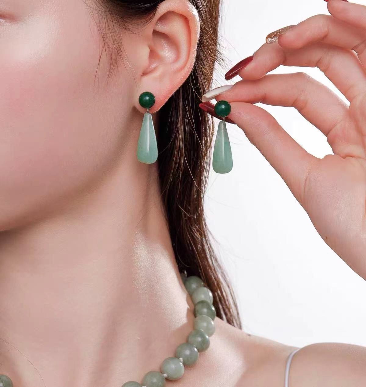 Minimalist Green Chalcedony Teardrop Earrings Natural Stone Statement Jewelry